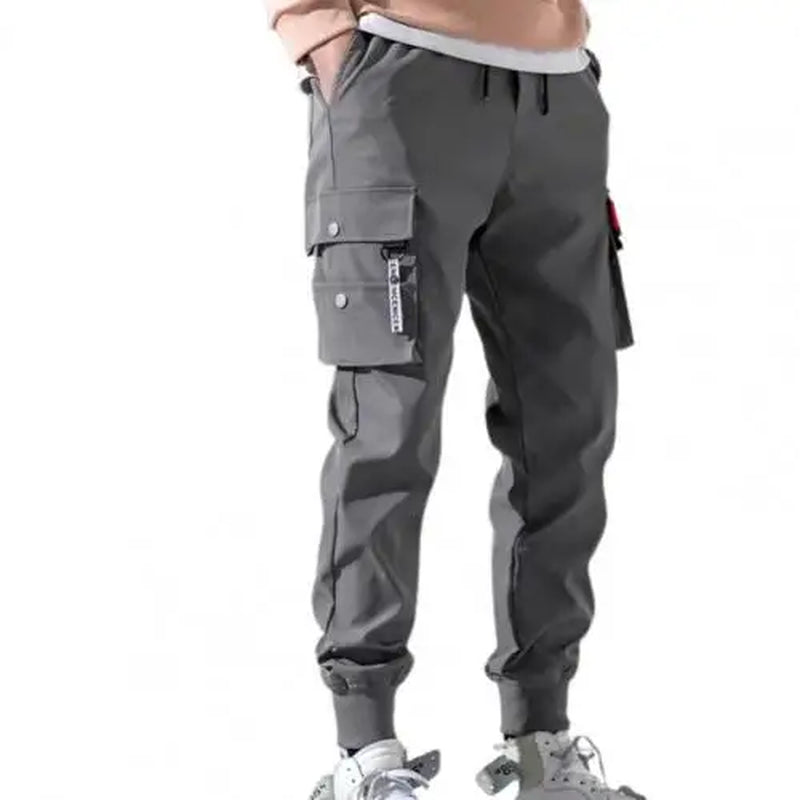 2021 New Men'S Pants Solid Color Drawstring Elastic Waist Pockets Hem Cropped Pants Multi Pocket Cargo Pants Trousers Streetwear