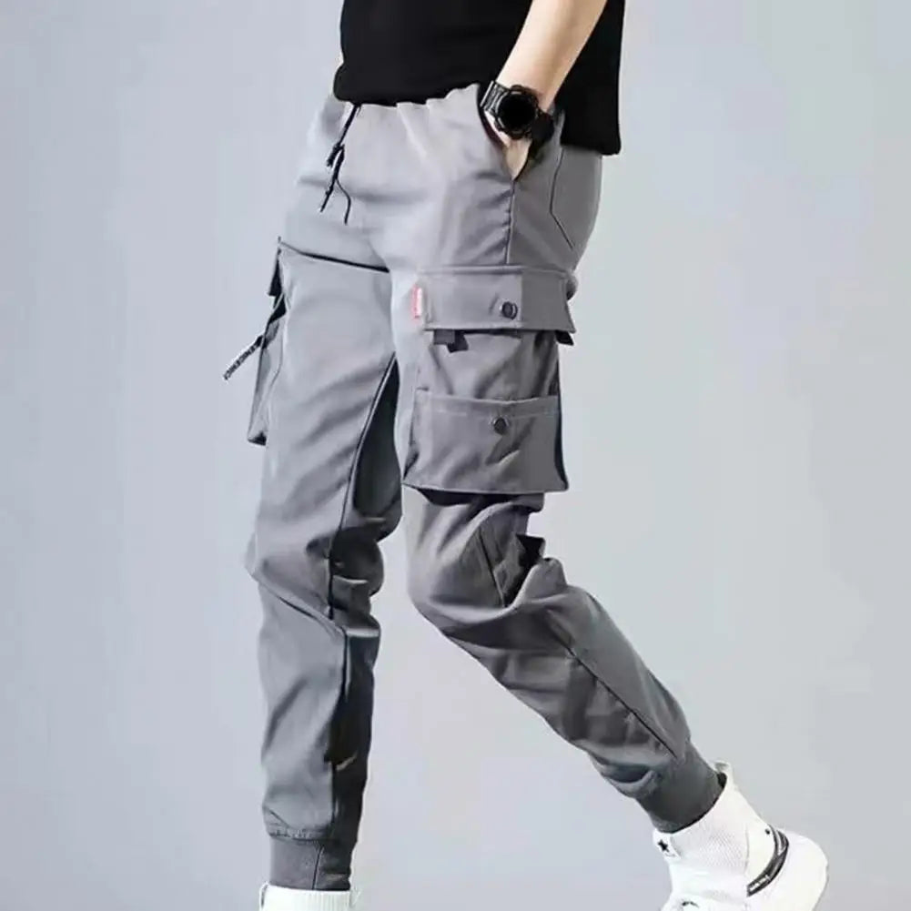 2021 New Men'S Pants Solid Color Drawstring Elastic Waist Pockets Hem Cropped Pants Multi Pocket Cargo Pants Trousers Streetwear