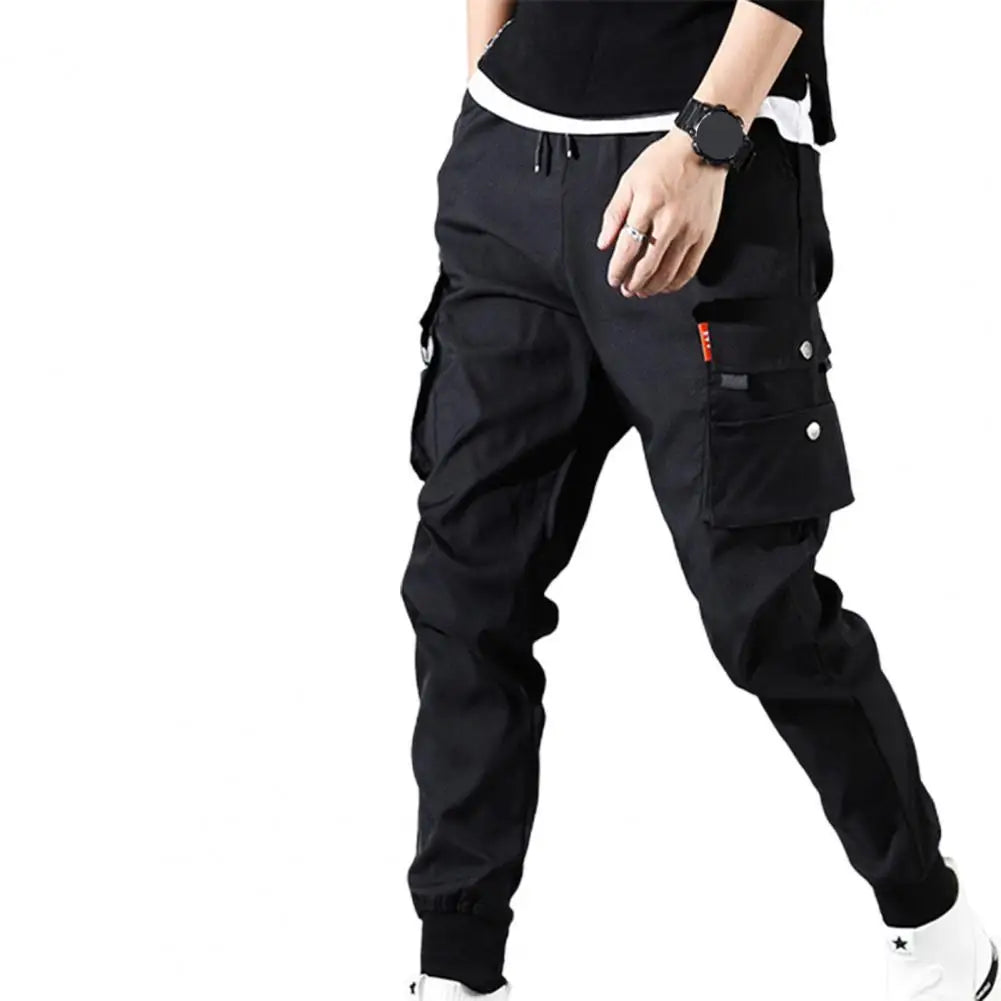 2021 New Men'S Pants Solid Color Drawstring Elastic Waist Pockets Hem Cropped Pants Multi Pocket Cargo Pants Trousers Streetwear